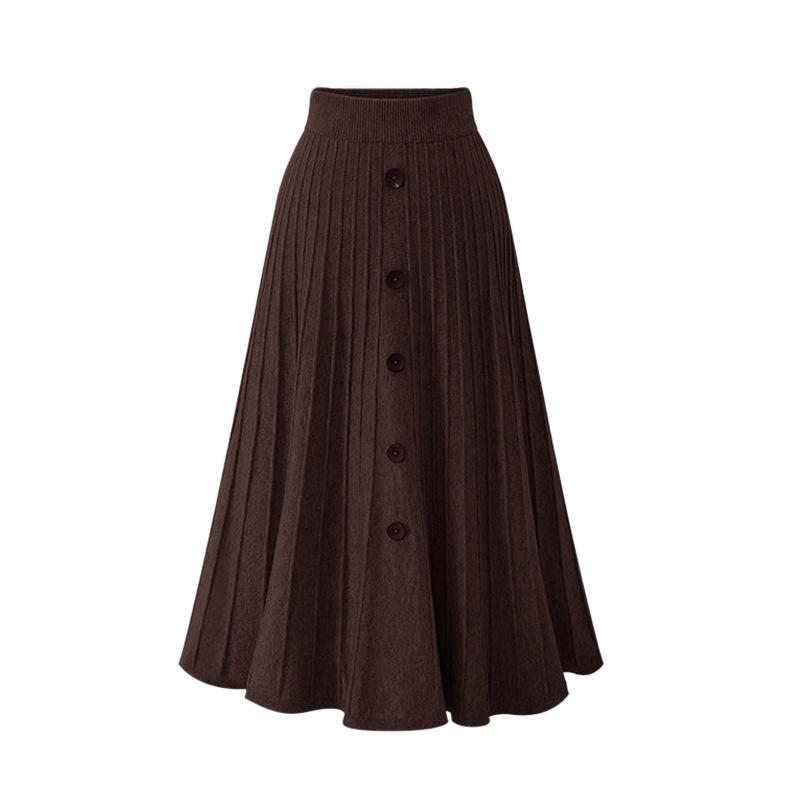 Mid-length Skirt for Women In Autumn and Winter New Loose Large Size Single-breasted A-line Large Swing Strip High Waist Knitted Pleated Skirt