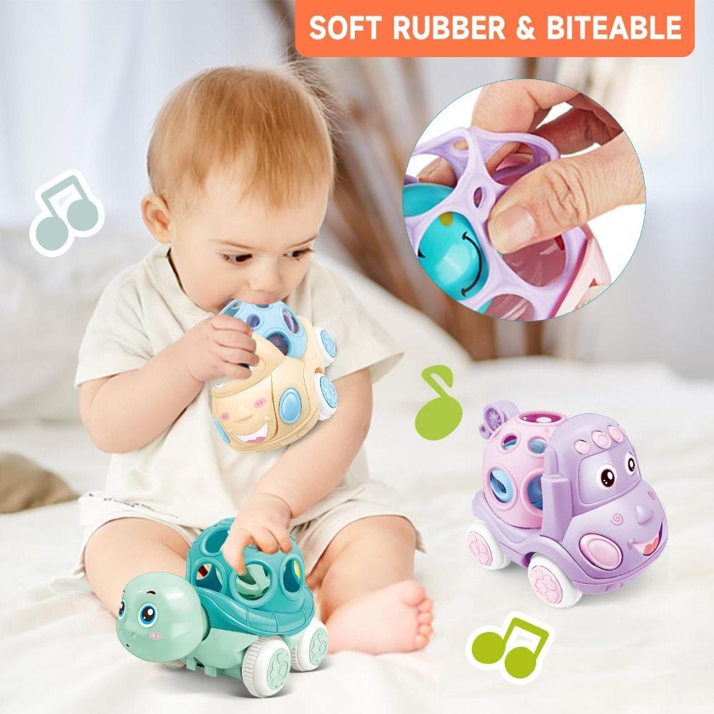 Soft Rubber Baby Car Toy Friction Powered Rattle Roll Cars Inertia Pull Back Car for 1-3 Years Old