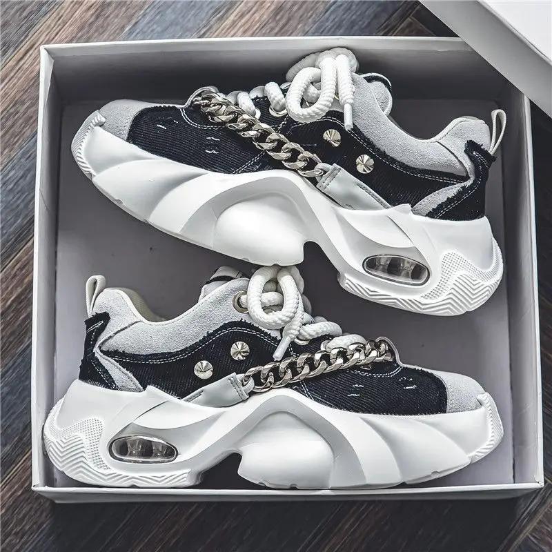 Мужская обувь Осень Новые Модные Туфли на Толстой Подошве с Увеличением Роста Износостойкие Металлическая Цепочка Шнуровка Комфорт Клепки Кроссовки 2025