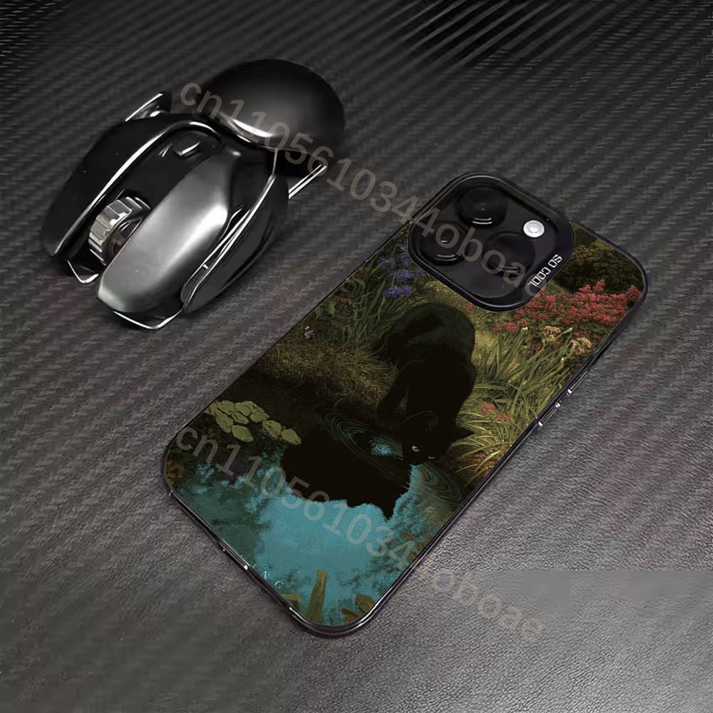 Ретро Масляная Живопись Черная Кошка Чехол для Телефона Для iPhone 17,16,15,14,13,12,11,Pro,Max,Plus Мягкий Черный Чехол