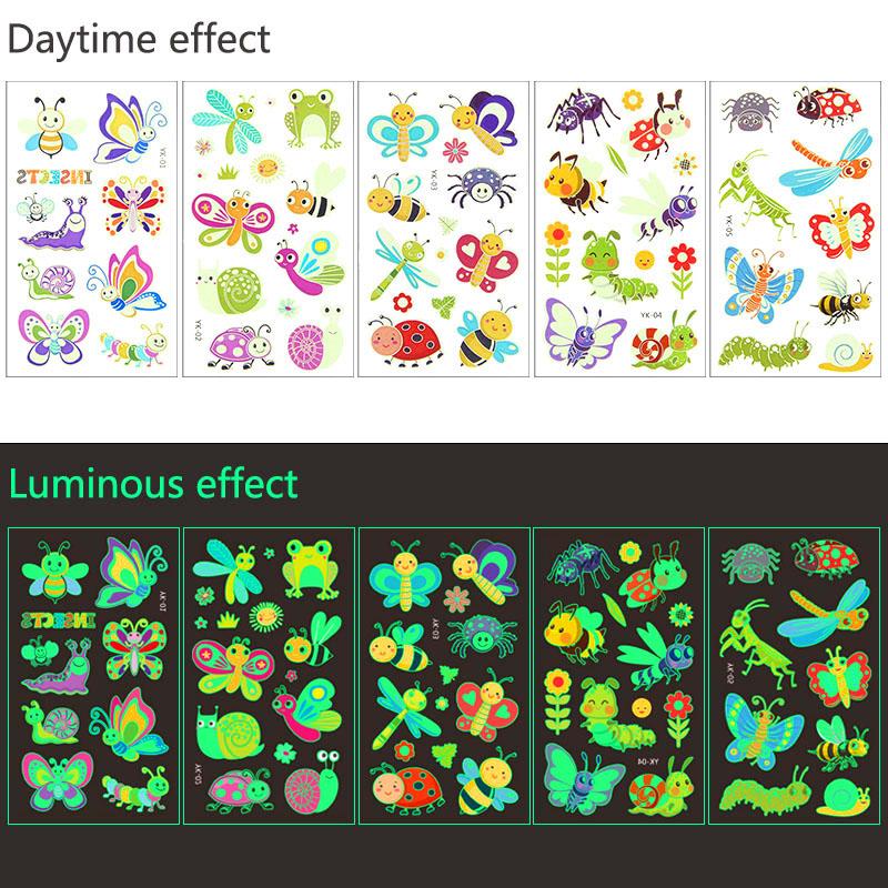 5pcs Luminous Tattoo Stickers Child Kid Temporary Fake Tattoos Glow Paste on Face Arm Leg for Children Body Art Mermaid Dinosaur