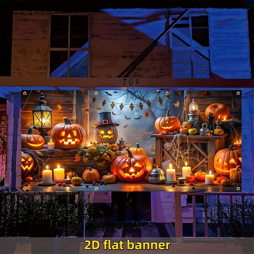 2D flat banner, 1 piece. Halloween garage banner, cute pumpkin lantern background, essential for a fun party.zyc