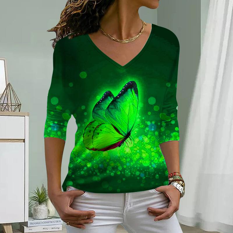 Fluorescent Butterfly Print Women Tshirts Ladies Tops Long Sleeve V-neck Pullover Femme T-shirts T Shirt For Women