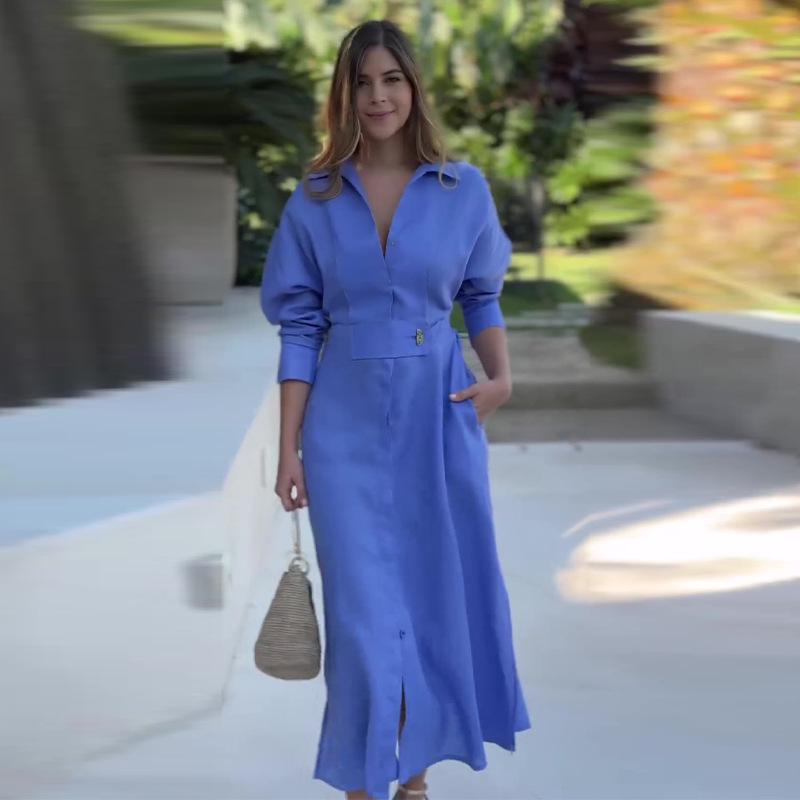 Элегантное синее платье с длинным рукавом для женщин на весну/лето