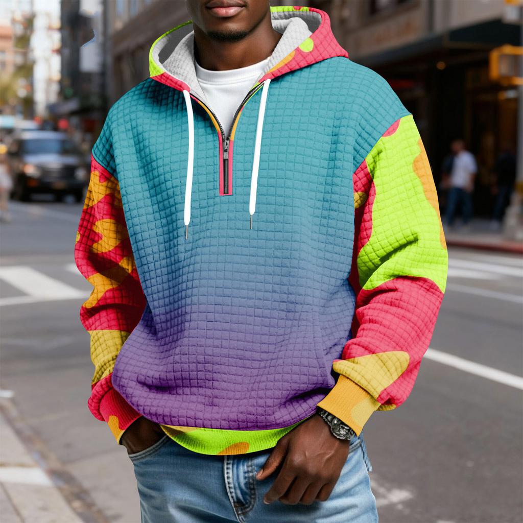 Мужской худи-пуловер в клетку с капюшоном на молнии до середины, со шнурком и принтом, повседневная спортивная толстовка