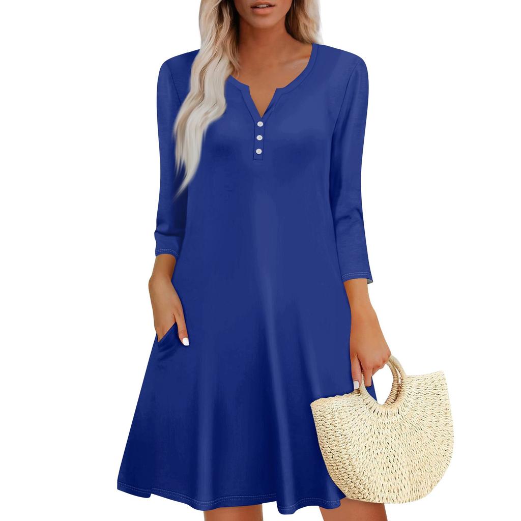 Women's Summer Dress Loose V Neck Three-quarter Sleeve Sundress With Pockets Dress