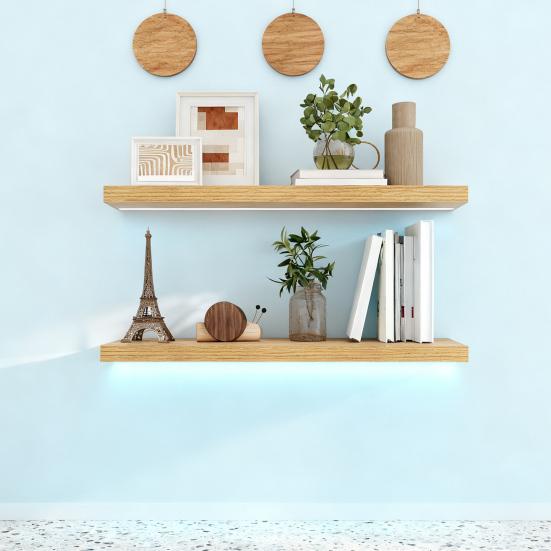 2Pcs/Set Wooden Floating Shelves Wall Mounted Storage Display Shelves Rustic Floating Wall Shelves for Bathroom Bedroom Living Room Kitchen Decor