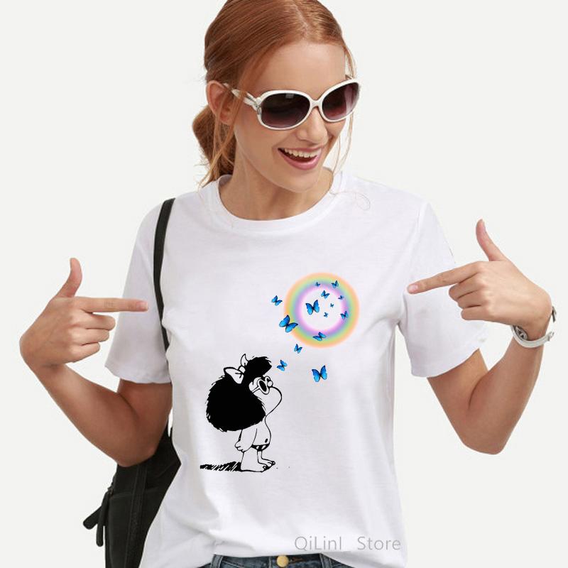 Kawaii Engraado Mafalda Impresso Grfica Camiseta Feminina Harajuku Roupas Estticas Branco Topos Tshirt 2021 Moda Casual Feminino T Camisa