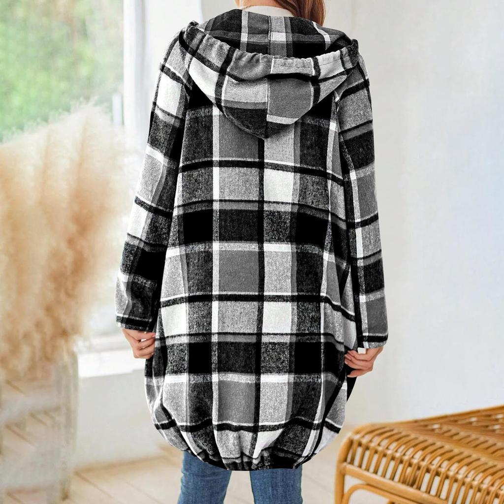 Women's Loose Comfortable Casual And Fashionable V-neck Long Sleeved Checkered Printed Long Top Coat