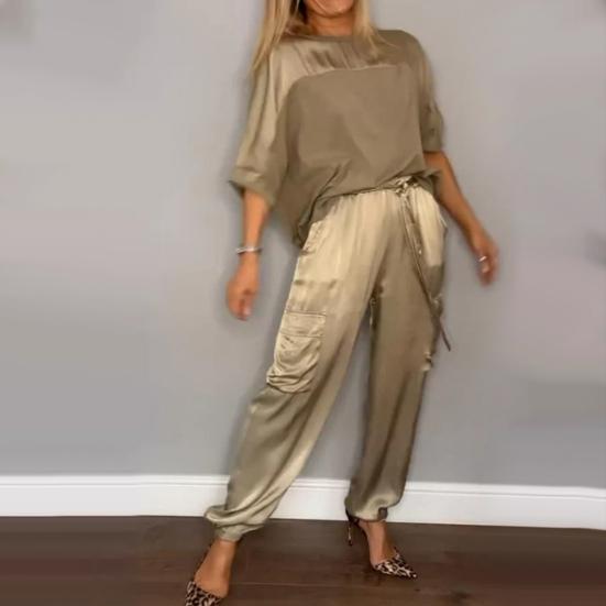 2 шт./компл., комплект женских топов, атласные рукава три четверти, круглый вырез, шнуровка на талии, сплошной цвет, мягкие дышащие повседневные карманы, свободная блузка, комплект брюк