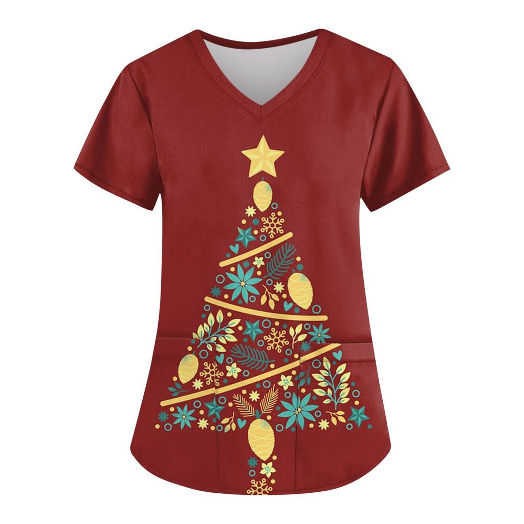 Женская мода с рождественским принтом и короткими рукавами с v-образным вырезом, маленькая рабочая футболка с карманами