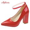 Fashion Aphixta 10cm 7cm Chunky Heels Women Pumps Pimp Buckle Ankle Strap Shoes Leisure Red Fashion Patent Leather Plus Size 35-50
