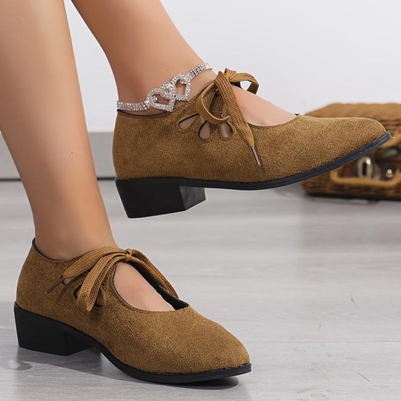 Faux Suede Mid Heel Pumps Women Hollow Out Lace Up Loafers Shoes Woman 2025 Pointed Toe Plus Size Heels Shoes Ladies