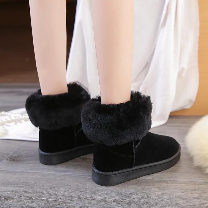 Fashion Platform Ladies Snow Boots Mid Calf Black Female Shoes Half High Chunky Suede Elegant with Low Heels Round Toe Boot Plush Gothic