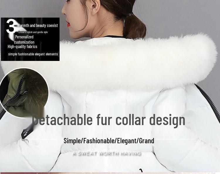 Women's Mid-Length Cotton Jacket, 2025 Korean Style, Mint Mambo, Long Slim Fit with Fur Collar
