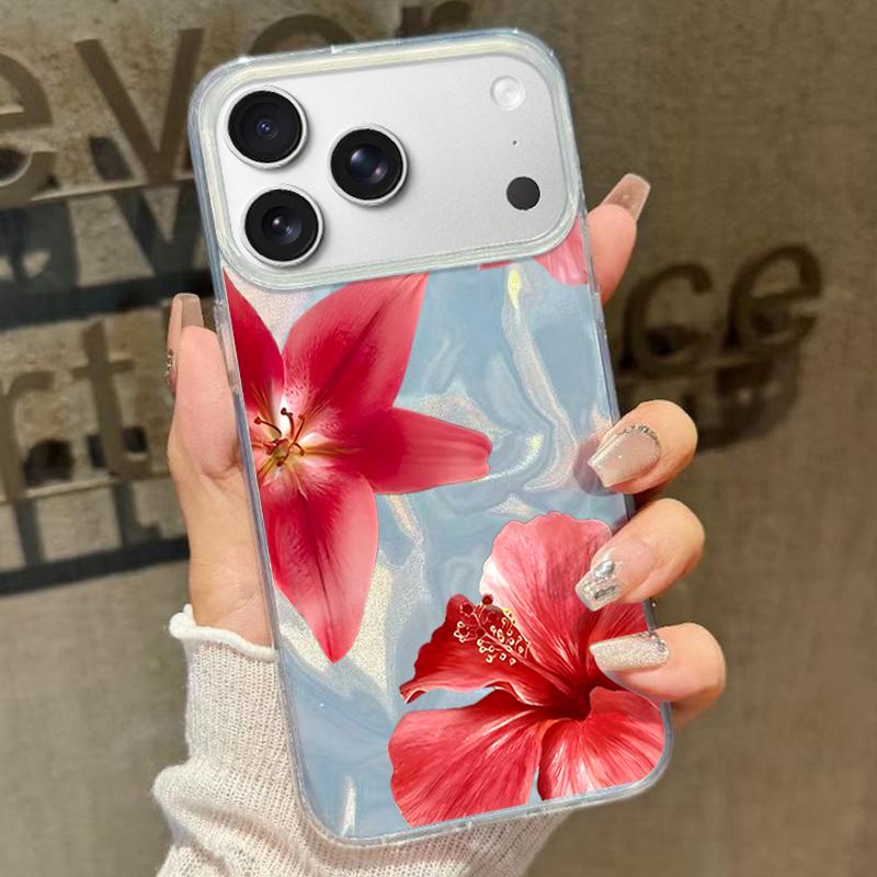 Slim Red Lily Flower Pattern Phone Case For iPhone 17 Air 16e 16 15 14 Pro Max 13 17 Pro Max Shockproof TPU Hybrid Hard PC Phone Cover