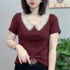 Женская футболка с коротким рукавом и V-образным вырезом с контрастной кружевной отделкой