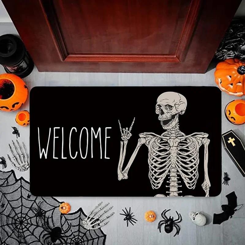 Halloween Skeleton Dancing Mat Soft Crystal Velvet Bath Rug Slip Resistant Entryway Doormat Great for Halloween Home Decor Gifts