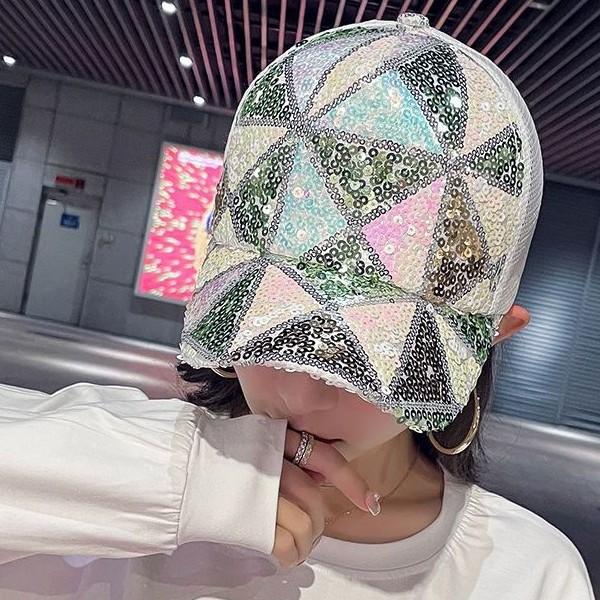 Glitter Sequined Mesh Trucker Cap, Colorful Geometric Patchwork Adjustable Baseball Hat for Party & Festival