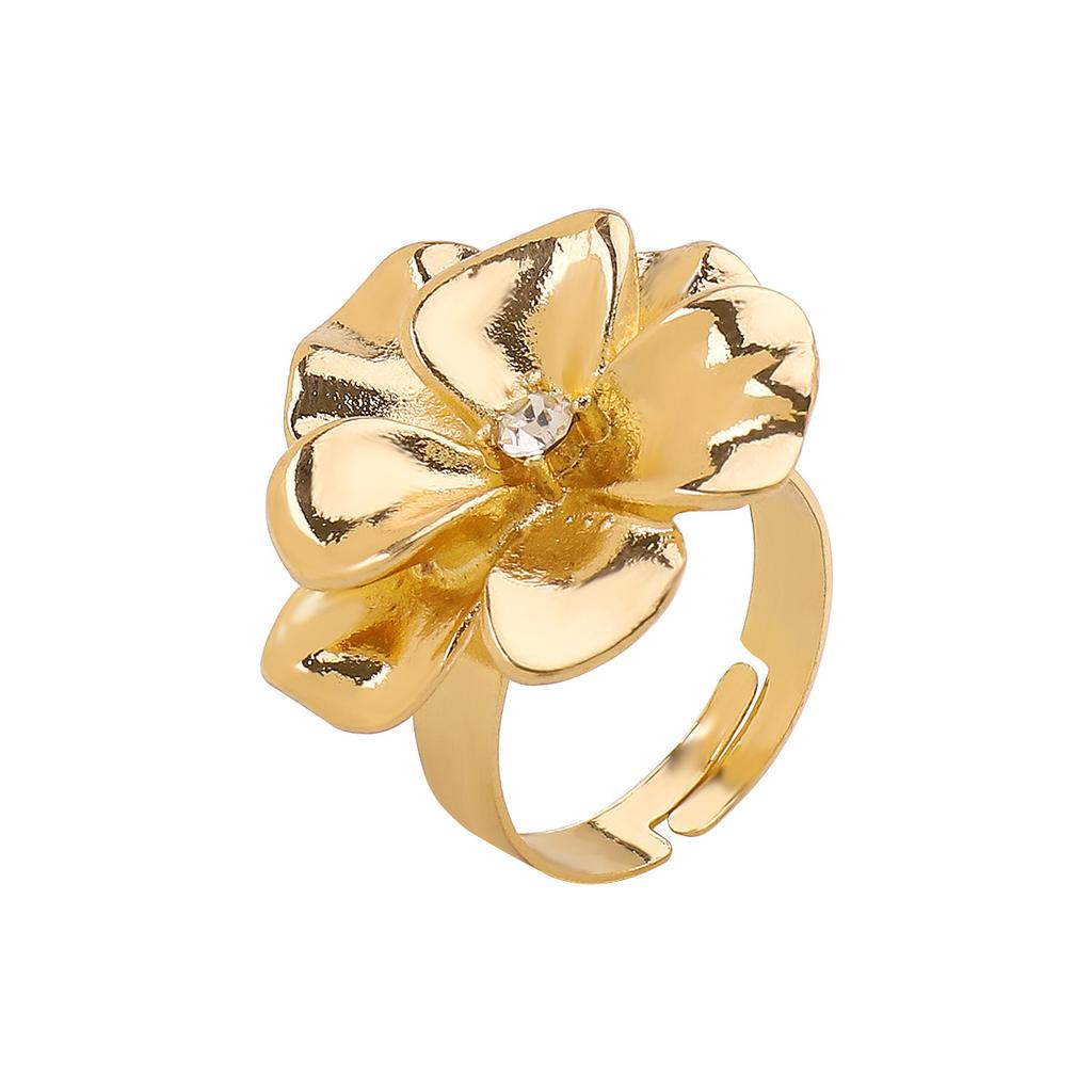 Women French Minimalist Design Metal Flower Stud Earrings Elegant Double Layer Flower Rhinestone Necklace Ring Jewelry