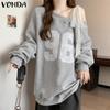 Women Lace-up Off-Shoulder Long Sleeve Printed Casual Loose Sweatshirts