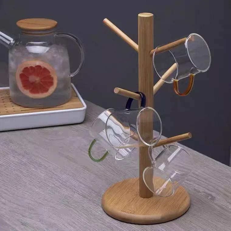 Бамбуковый держатель для кружек в форме дерева с 6 крючками, органайзер для кофейных и чайных чашек для столешницы, органайзер для аксессуаров для кофейного бара, экономящий место