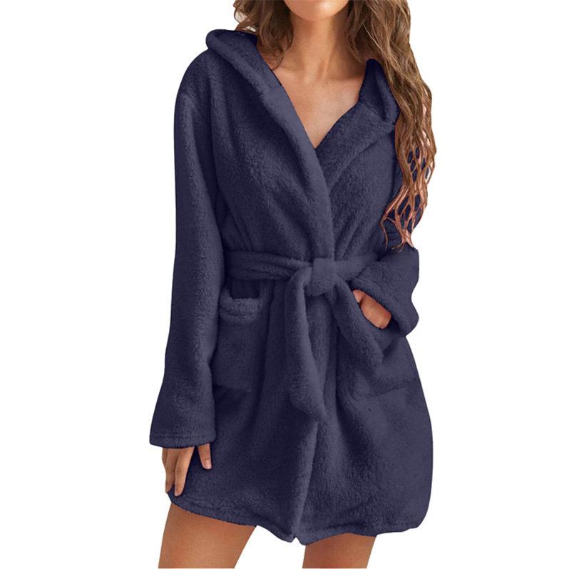 Autumn Winter Women Bath Robe Fluffy Plush Pyjamas Ladies Sexy Hooded Dressing Solid Color Gown Warm Bathrobe Female Loungewear
