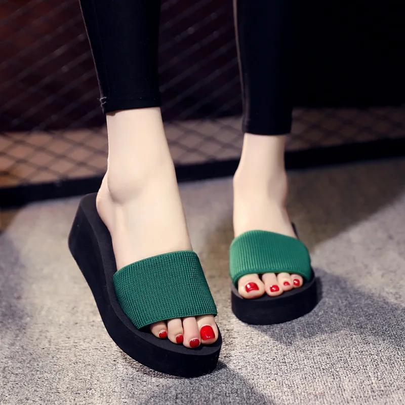 Fashion Slippers women's summer foam sandals high heels thick soles anti-skid flip flops fashionable outer stripes Korean beach slippers