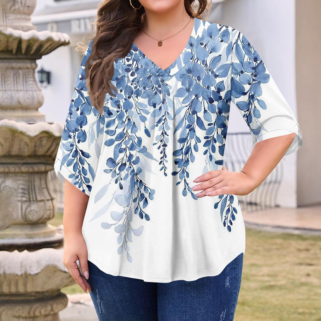 Women's Fashion Large Size Printed V-Neck Three-quarter Sleeve Top