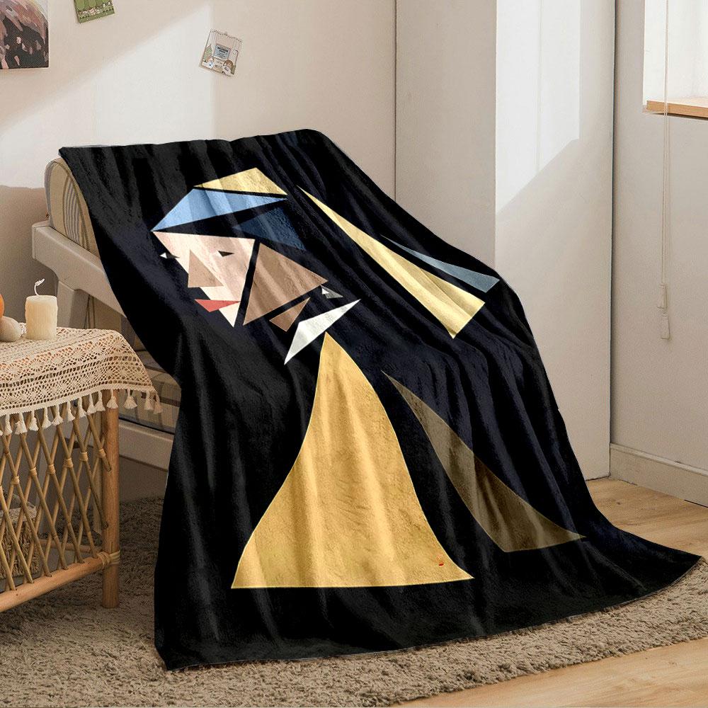 Geometric triangular shapes form an abstract portrait against a dark background. for all seasons blanket lunch break throw gift