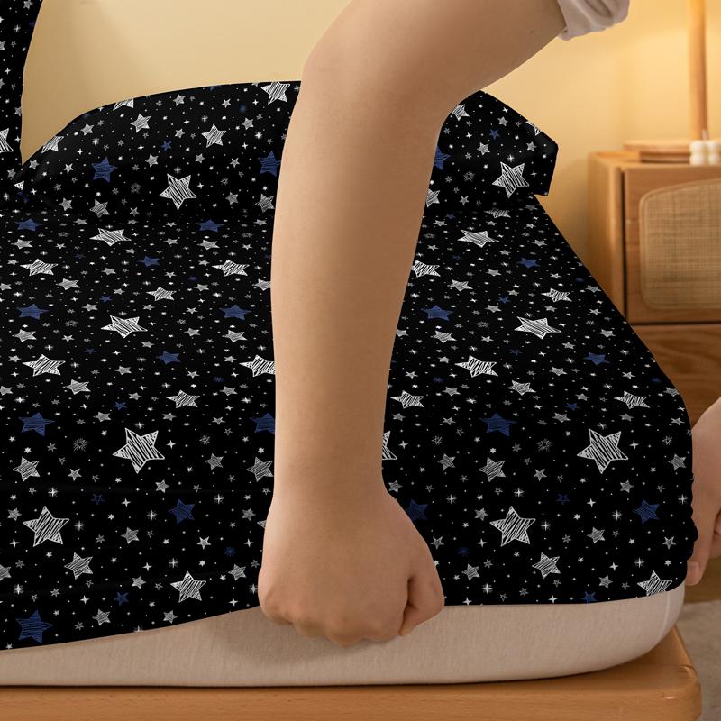 1 Simple Modern Stars Printed Matte Fitted Sheet, Bedroom Printed Bed Cover, Bedding (Excluding Pillowcases)