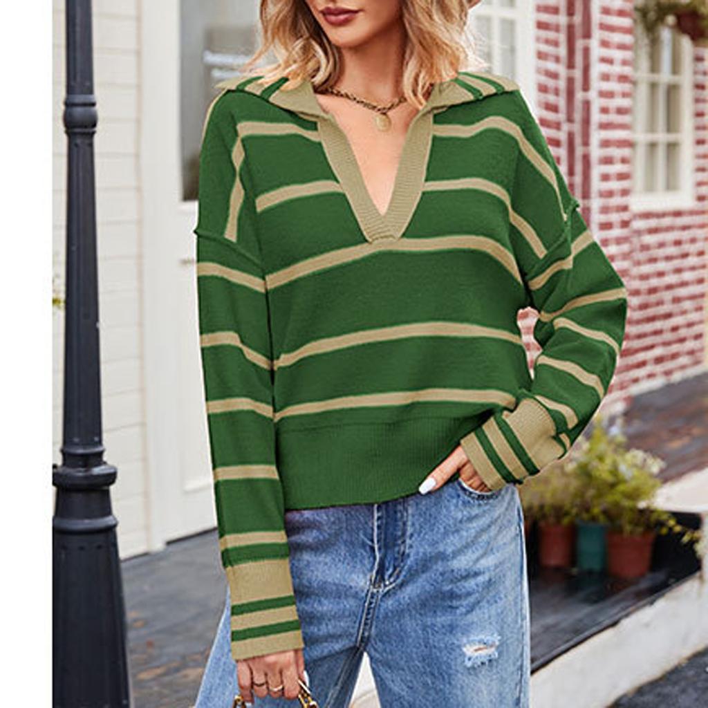 Женский свитер Модный пэчворк Полосатый лацкан Мешковатый свитер большого размера с длинными рукавами