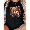 Женская оверсайз футболка европейского размера - Милый принт с мишкой, леопардовым бантом и звездой, Блузка с круглым вырезом и коротким рукавом, Повседневная одежда для весны, лета, осени