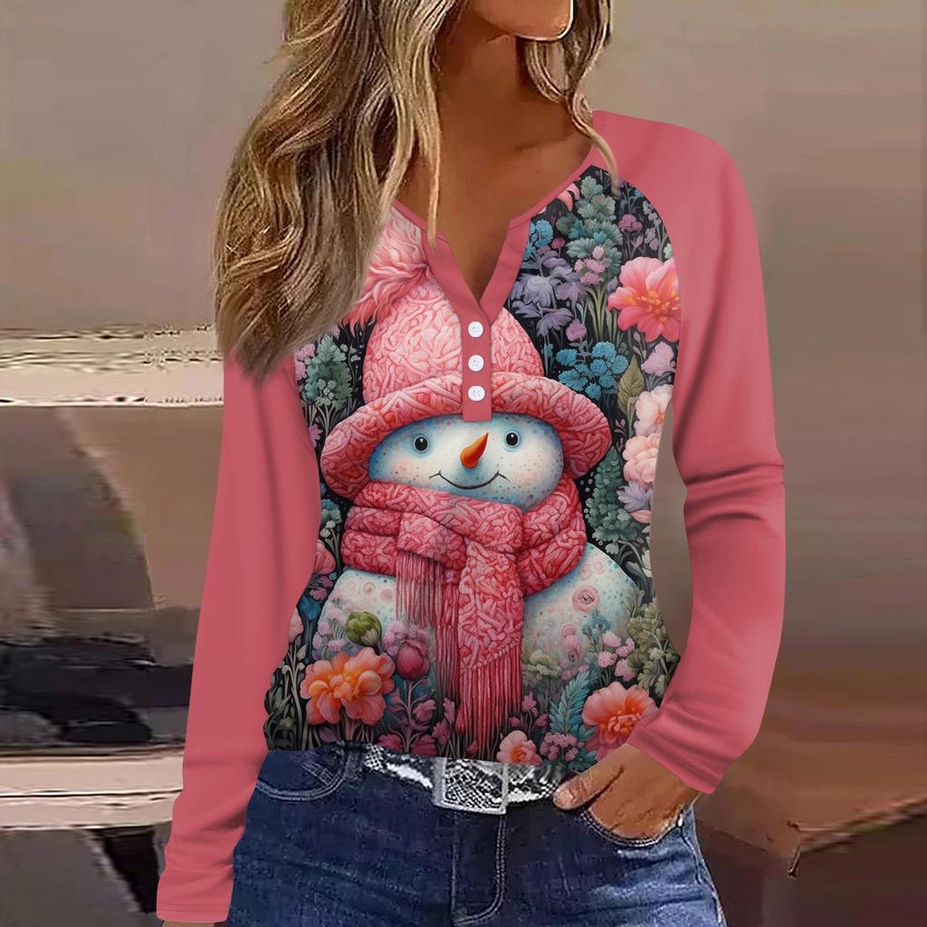 Женская мода повседневная рождественская печать V-образный вырез рукава реглан с декоративными пуговицами длинный рукав футболка топ