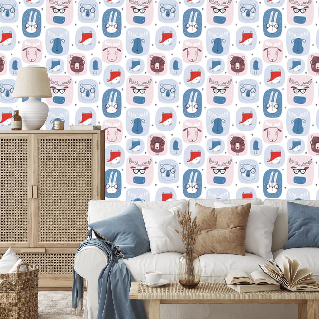 Hares and foxes wallpaper in Scandinavian style for living room and bedroom 50x1000