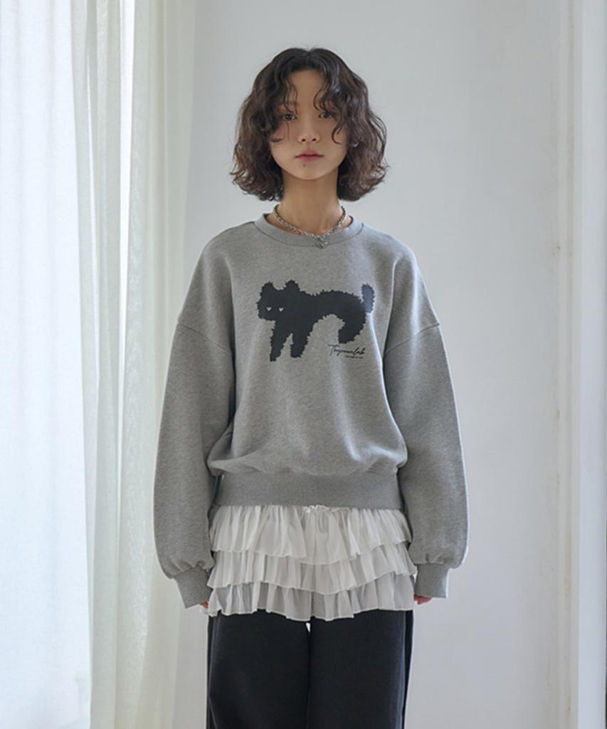 THE GREEN LAB Lovely Cat Crop Sweatshirt [Melange Gray]