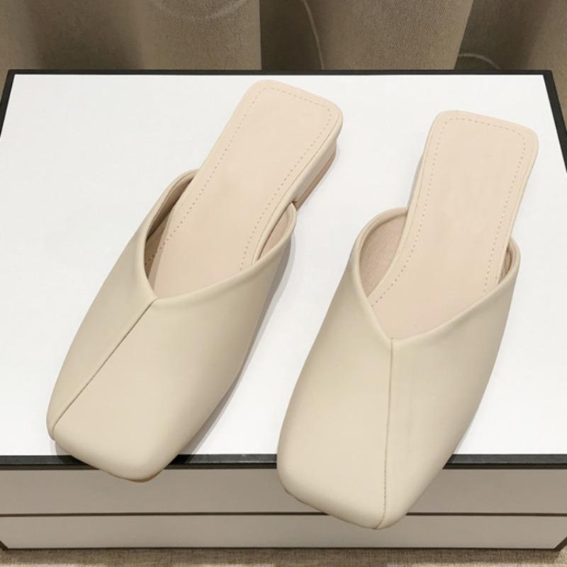 Модные женские тапочки во французском стиле для улицы и дома 2024 года, весна-лето, новые туфли на квадратном каблуке, классная мягкая кожа, однотонная универсальная обувь
