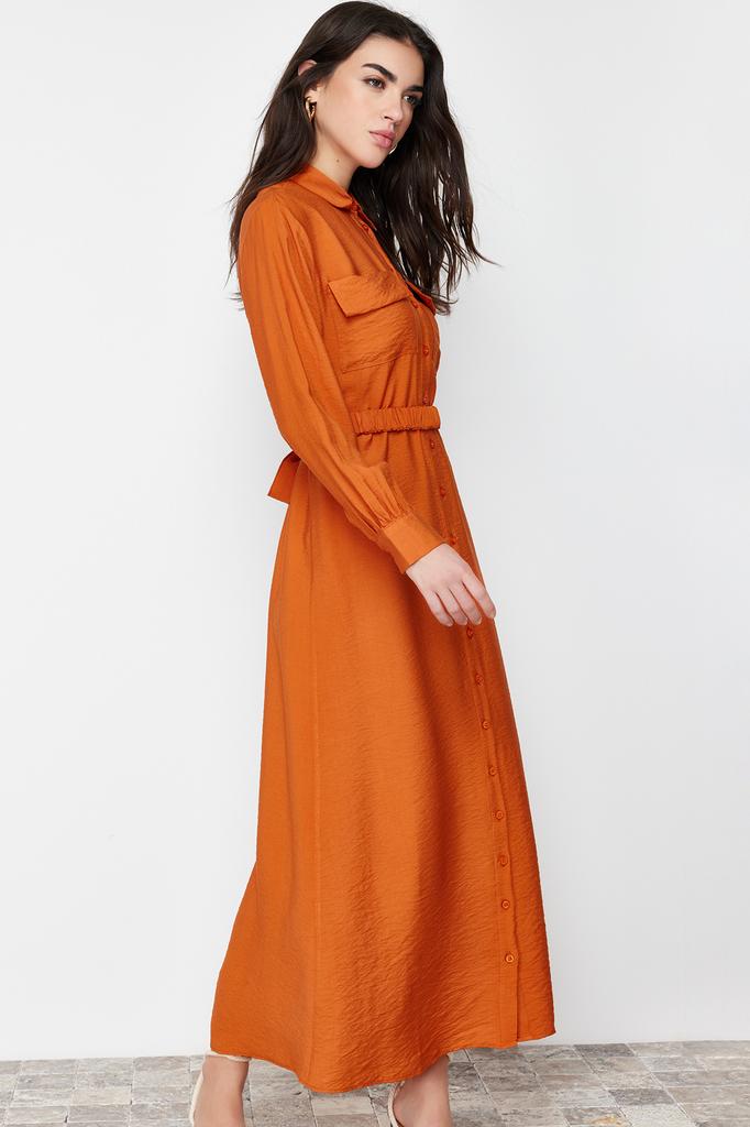 Women's Fashion New Hijab Dress Cinnamon Waist Elastic Belted Pocket Detailed Woven Dress