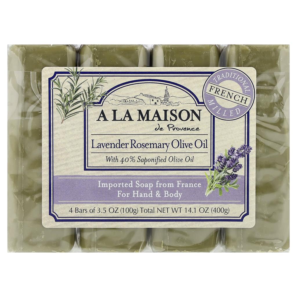 A La Maison de Provence Hand and Body Solid Soap, Lavender Rosemary Olive Oil, 4 Bars, 100g (3.5oz) Each