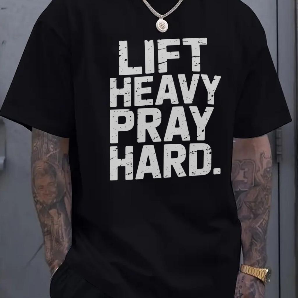Графическая футболка 'Lift Heavy Pray Hard' Мужская хлопковая футболка с коротким рукавом для спортзала, тренировок, фитнеса и повседневной носки