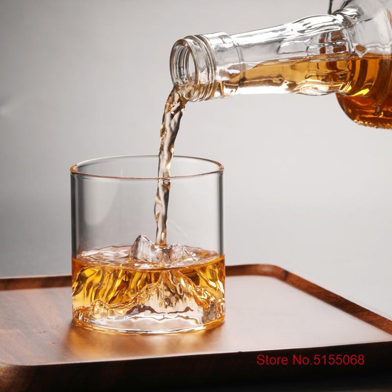Hot Clear Large Japanese 3D Mountain Whiskey Glasses Vintage Iceberg Whisky Wine Tasting Cup Wood Gift Box Cognac Vodka Tumbler