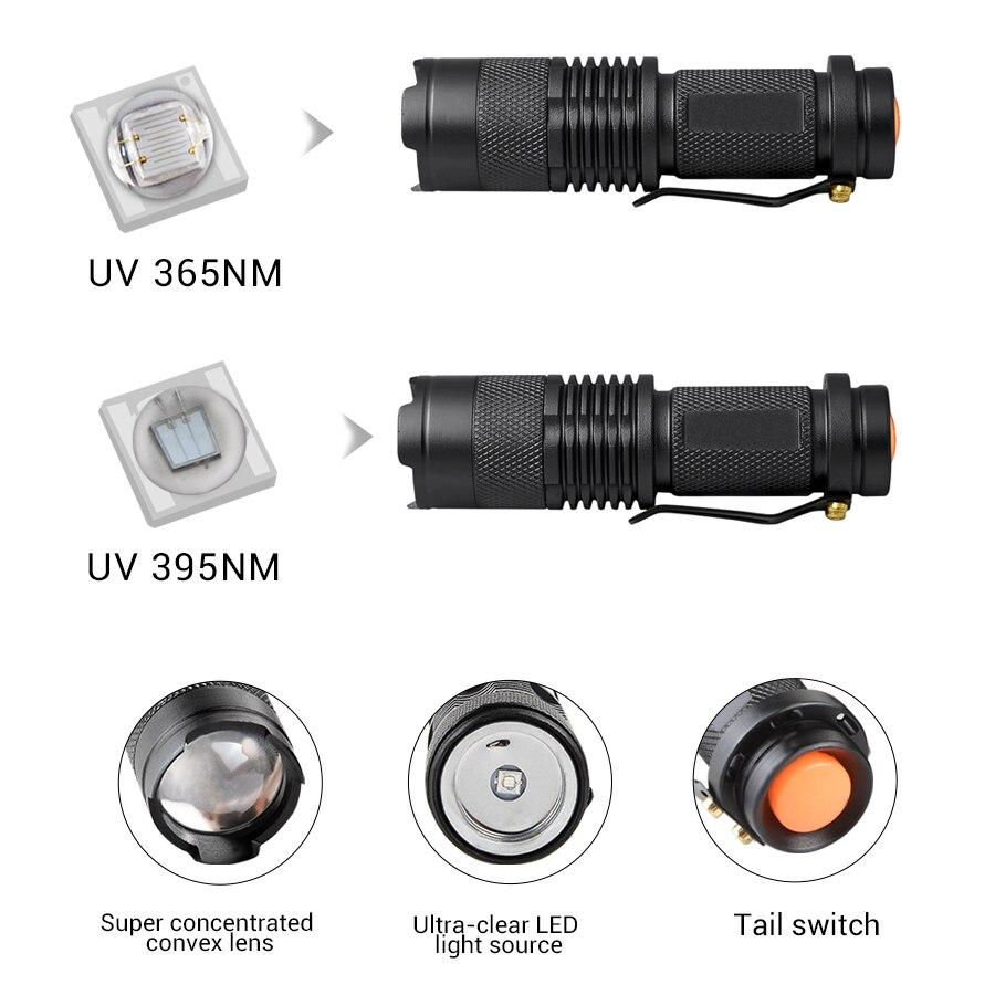 Светодиодный УФ-фонарик 365 нм 395 нм Ультрафиолетовый фонарик с масштабируемым фокусом Мини УФ-черный свет Детектор пятен мочи домашних животных Скорпион Охота