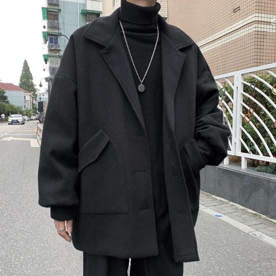 Мужское шерстяное пальто с лацканами, длинный рукав, однобортная ветровка, однотонное свободное пальто средней длины с карманами, официальная одежда