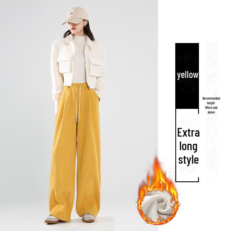 Женские желтые вельветовые брюки широкого кроя - осень/зима 2025 года, бархат, свободный прямой повседневный стиль
