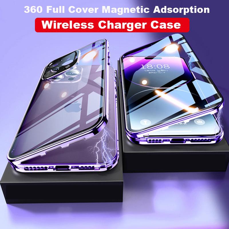360° Metal Magnetic Adsorption Case For iPhone 16 15 14 Plus 13 12 11 Pro Max Original Purple Metal Alloy Frame Double Sided Glass Cover