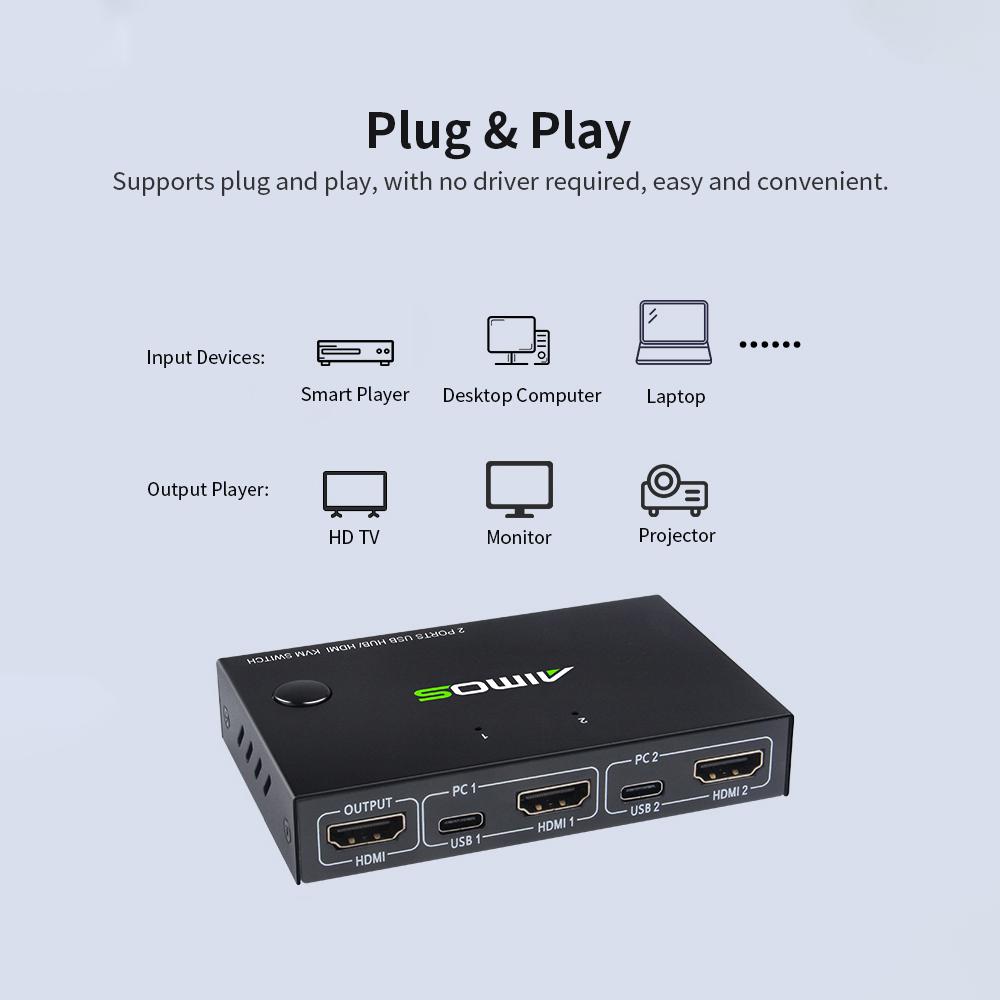 AIMOS AM-KVM201CC 2-портовый HDMI KVM-переключатель с поддержкой 4K*2K@30 Гц HDMI KVM-переключатель Клавиатура Мышь USB