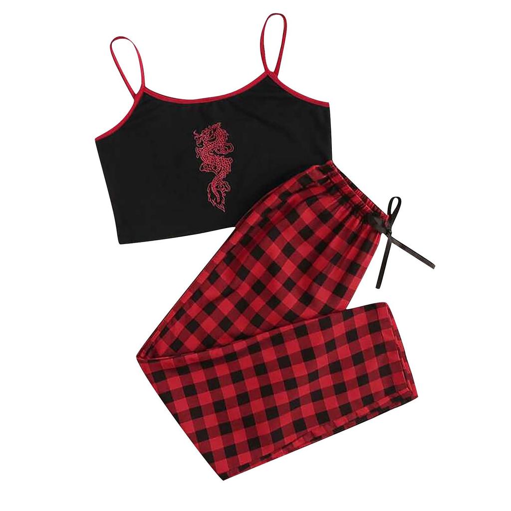 Fashion Pajama Sets Sexy Sling Dragon Animal Print Plaid Print Sleepwear Lingerie Underwear Female Homewear Summer Pyjama