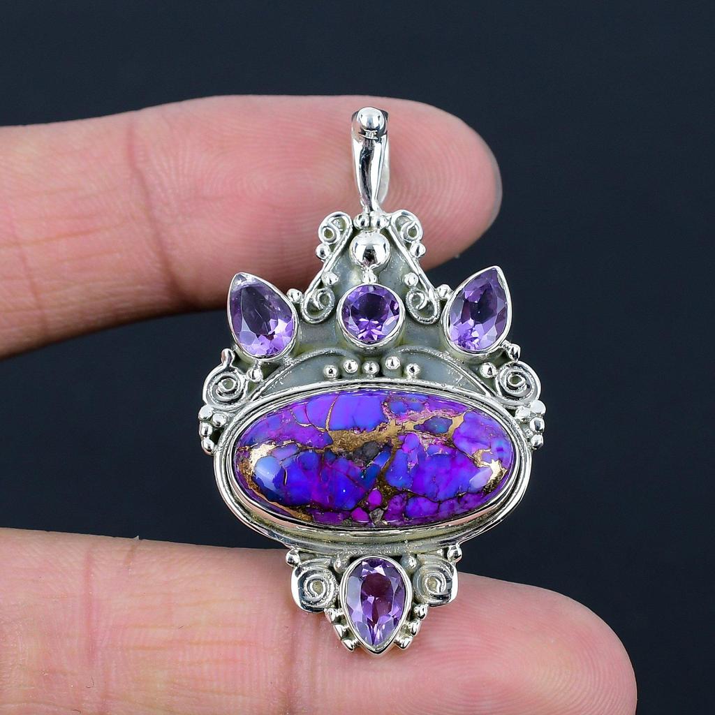 Подвеска из натурального фиолетового медного бирюзового камня, серебро 925 пробы, крошечный драгоценный камень аметист, подвеска ручной работы, ювелирный подарок на День святого Валентина