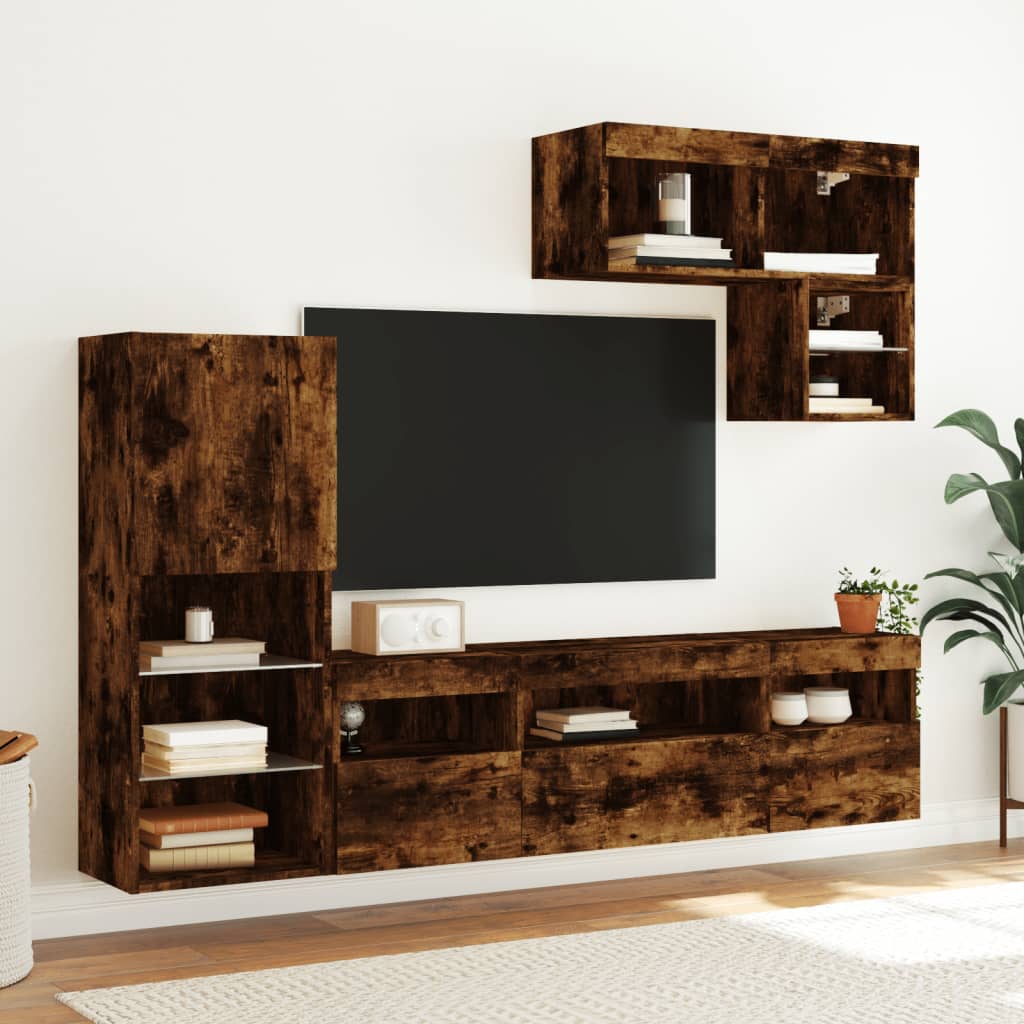 6 piece living wall unit with LED lighting smoked oak wood based material