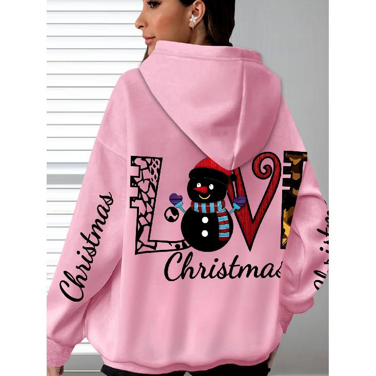 Christmas Hoodie Women, Snowman Print, Long Sleeve, Kangaroo Pocket, Drawstring, Casual Pullover, LOVE Christmas
